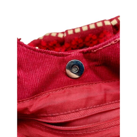 Knit Crocheted Red Boho Hand Shoulder Bag patterned with pom poms snap closure - Picture 3 of 10